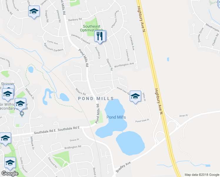 map of restaurants, bars, coffee shops, grocery stores, and more near 1085 Pond View Road in London
