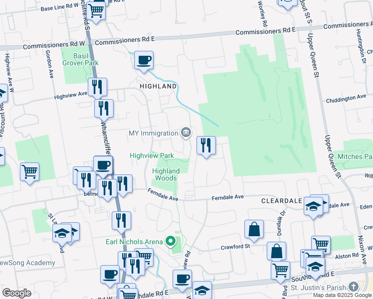 map of restaurants, bars, coffee shops, grocery stores, and more near 649 Country Club Drive in London