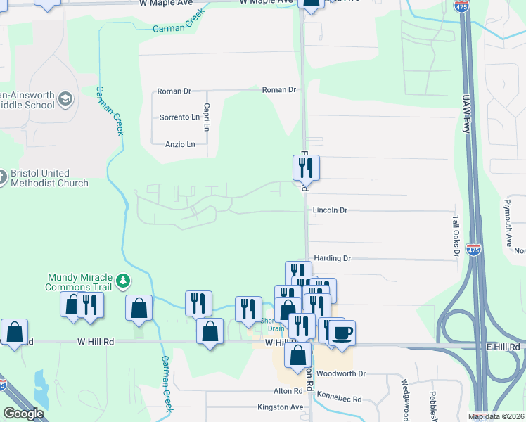 map of restaurants, bars, coffee shops, grocery stores, and more near 5354 Fenton Road in Flint