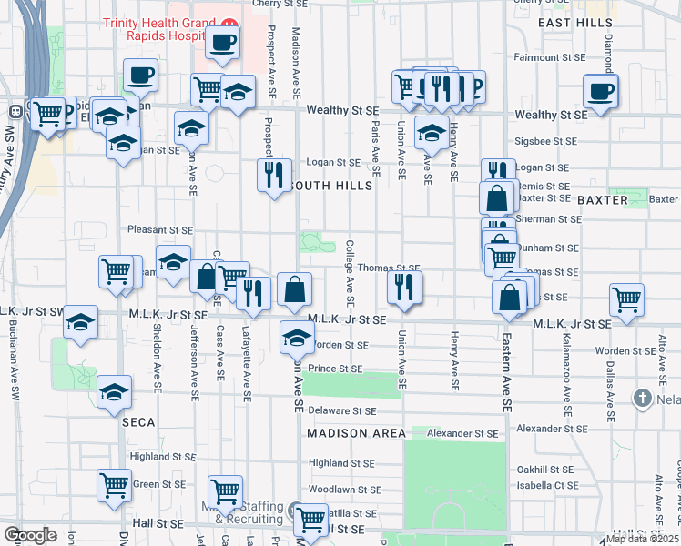 map of restaurants, bars, coffee shops, grocery stores, and more near 726 Morris Avenue Southeast in Grand Rapids