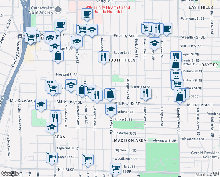 map of restaurants, bars, coffee shops, grocery stores, and more near 726 Madison Avenue Southeast in Grand Rapids