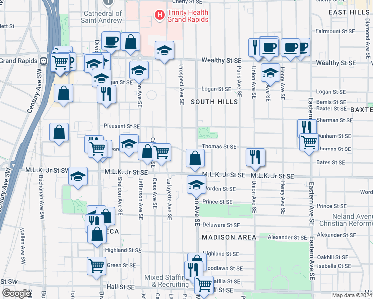 map of restaurants, bars, coffee shops, grocery stores, and more near 719 Prospect Avenue Southeast in Grand Rapids