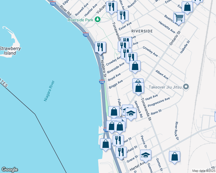 map of restaurants, bars, coffee shops, grocery stores, and more near 2425 Niagara Street in Buffalo