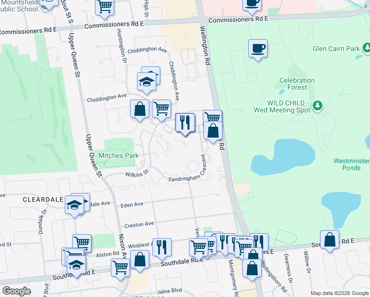 map of restaurants, bars, coffee shops, grocery stores, and more near 200 Sandringham Crescent in London