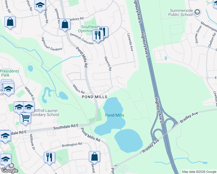 map of restaurants, bars, coffee shops, grocery stores, and more near 1085 Pond View Road in London