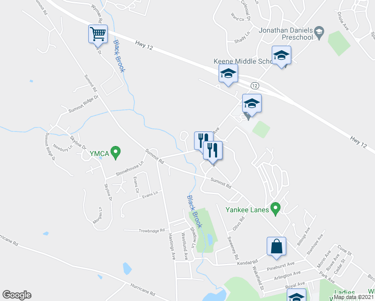 map of restaurants, bars, coffee shops, grocery stores, and more near 30 Maple Avenue in Keene