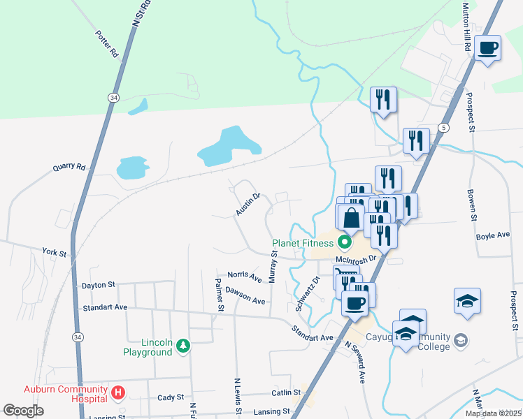 map of restaurants, bars, coffee shops, grocery stores, and more near 149 Murray Street in Auburn