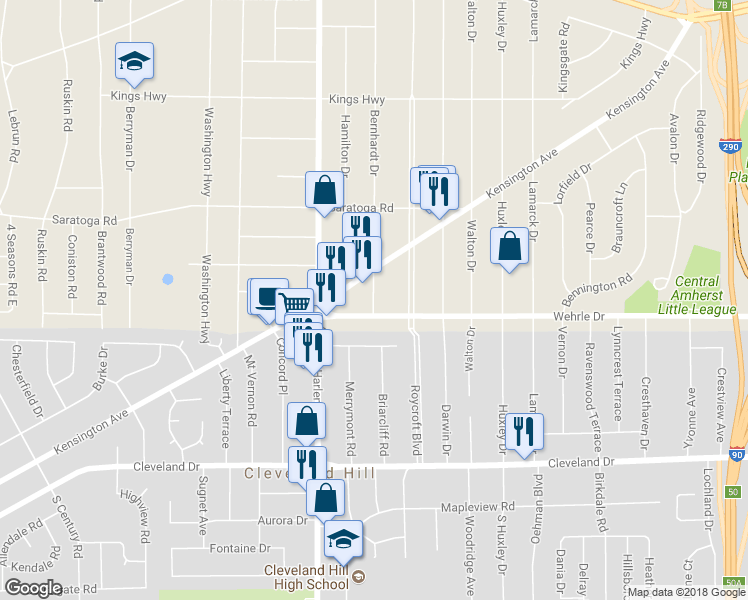 map of restaurants, bars, coffee shops, grocery stores, and more near 454 Bernhardt Drive in Buffalo