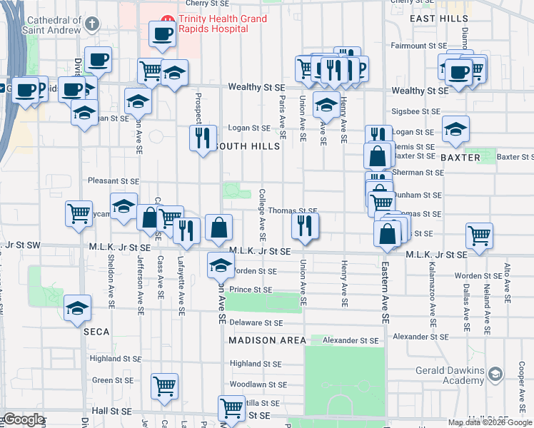 map of restaurants, bars, coffee shops, grocery stores, and more near 700 College Avenue Southeast in Grand Rapids
