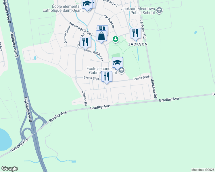 map of restaurants, bars, coffee shops, grocery stores, and more near 3320 Meadowgate Boulevard in London