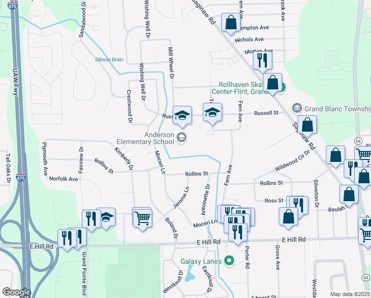 map of restaurants, bars, coffee shops, grocery stores, and more near 5290 Leroy Street in Grand Blanc