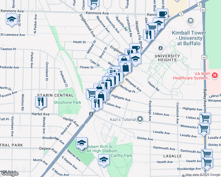 map of restaurants, bars, coffee shops, grocery stores, and more near 3112 Main Street in Buffalo