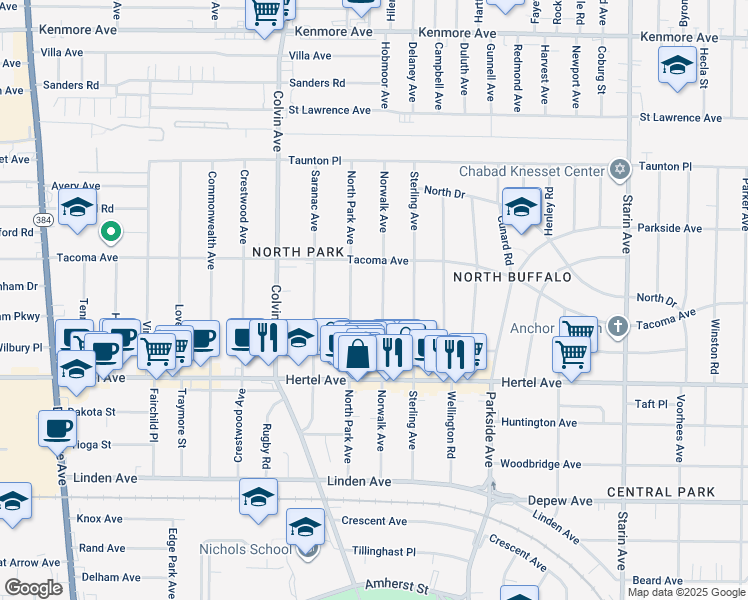 map of restaurants, bars, coffee shops, grocery stores, and more near 180 Norwalk Avenue in Buffalo