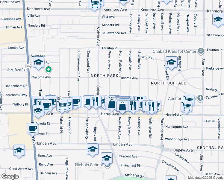 map of restaurants, bars, coffee shops, grocery stores, and more near 180 North Park Avenue in Buffalo
