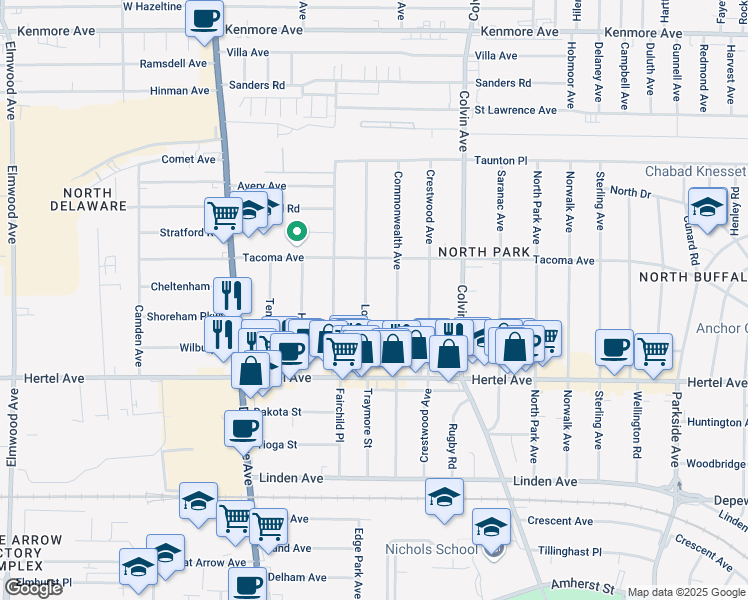 map of restaurants, bars, coffee shops, grocery stores, and more near 55 Lovering Avenue in Buffalo