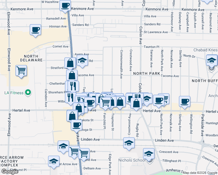 map of restaurants, bars, coffee shops, grocery stores, and more near 55 Virgil Avenue in Buffalo