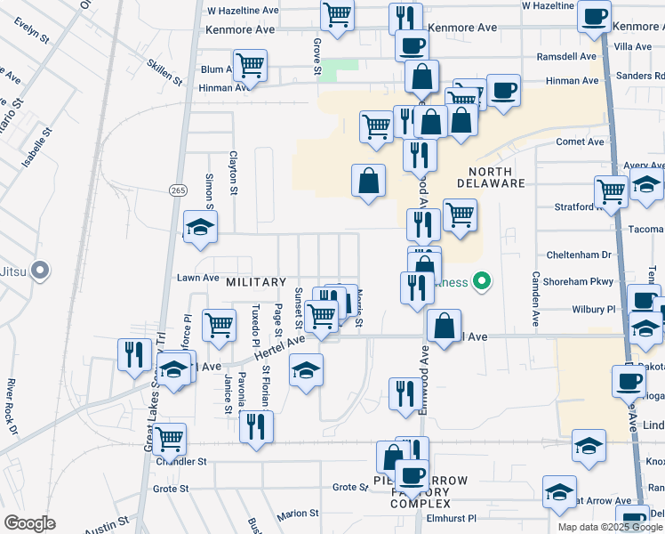 map of restaurants, bars, coffee shops, grocery stores, and more near 63 Greeley Street in Buffalo