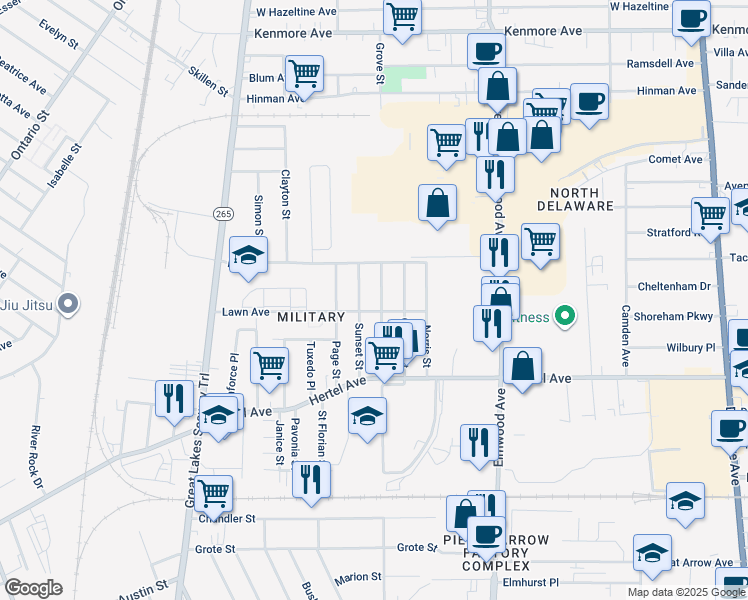 map of restaurants, bars, coffee shops, grocery stores, and more near 58 Grove Street in Buffalo