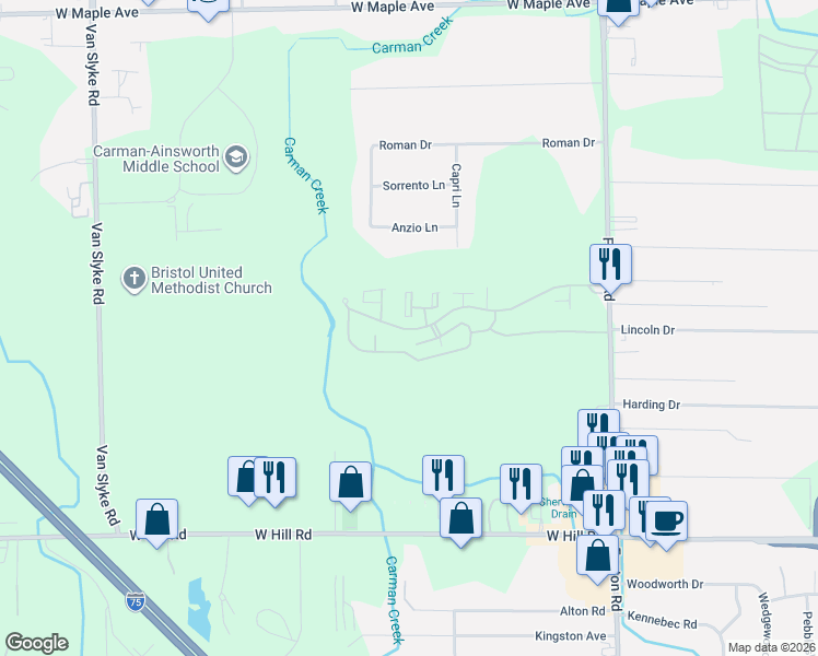 map of restaurants, bars, coffee shops, grocery stores, and more near 1445 Sunset Boulevard in Flint