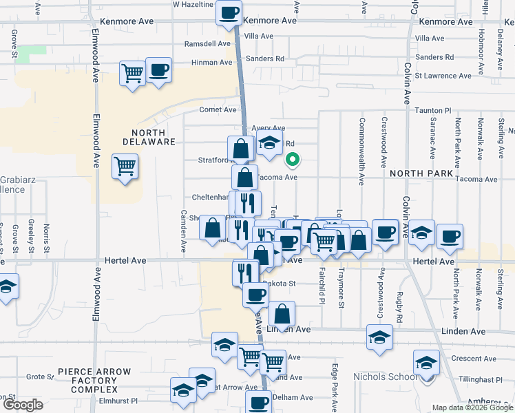map of restaurants, bars, coffee shops, grocery stores, and more near 2401 Delaware Avenue in Buffalo