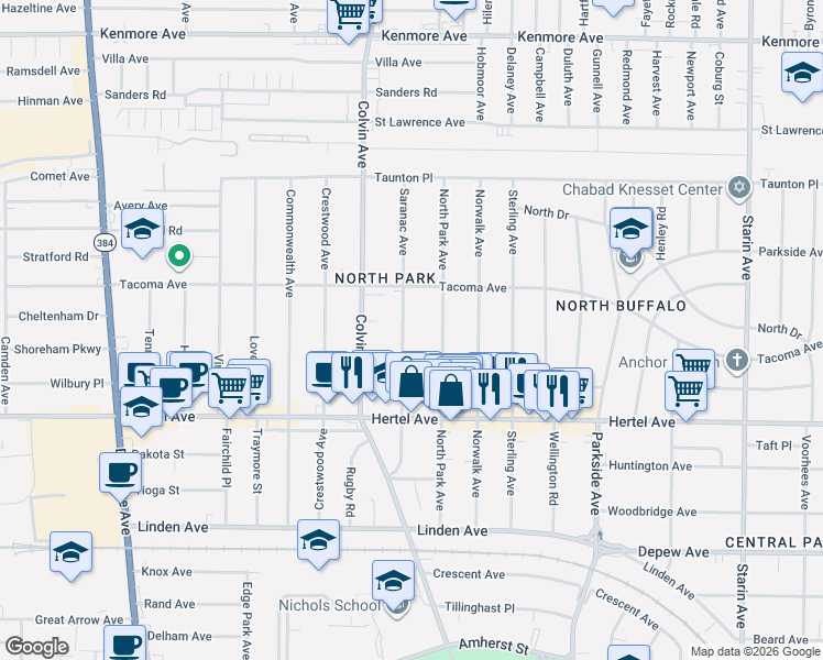 map of restaurants, bars, coffee shops, grocery stores, and more near 157 Saranac Avenue in Buffalo