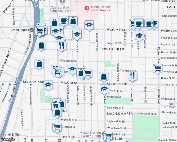 map of restaurants, bars, coffee shops, grocery stores, and more near 249 Sycamore Street Southeast in Grand Rapids