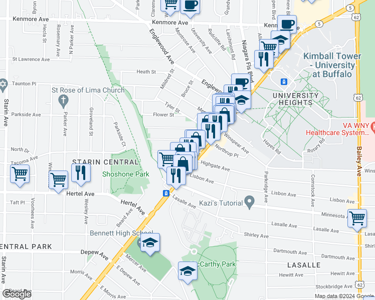 map of restaurants, bars, coffee shops, grocery stores, and more near 29 Custer Street in Buffalo