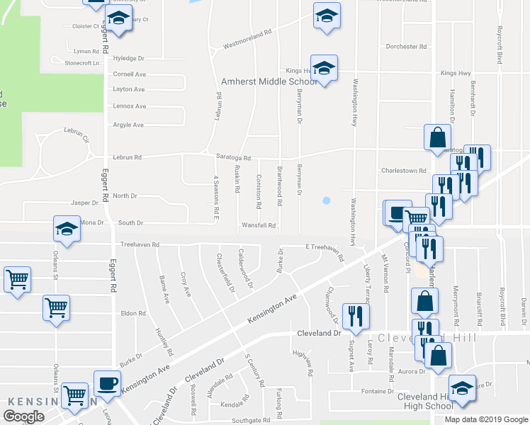 map of restaurants, bars, coffee shops, grocery stores, and more near 84 Coniston Road in Buffalo