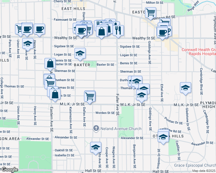 map of restaurants, bars, coffee shops, grocery stores, and more near 1125 Thomas Street Southeast in Grand Rapids