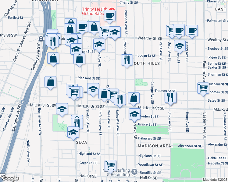 map of restaurants, bars, coffee shops, grocery stores, and more near 247 Sycamore Street Southeast in Grand Rapids