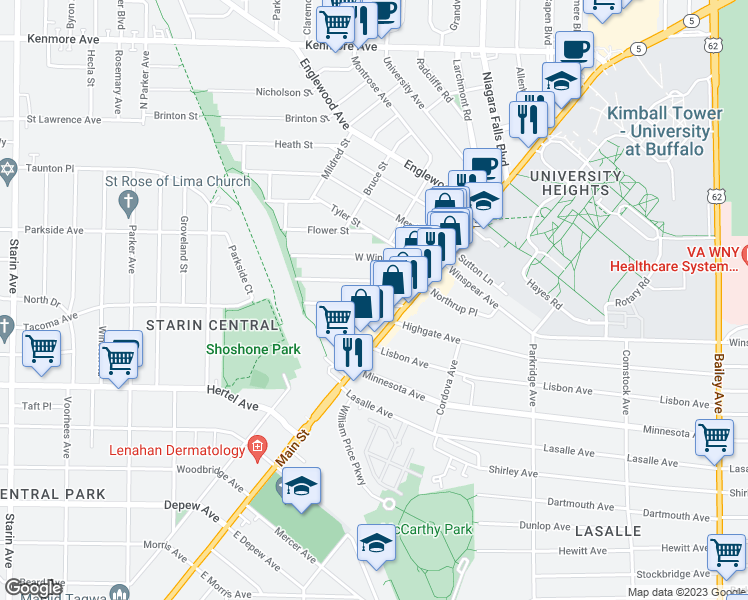map of restaurants, bars, coffee shops, grocery stores, and more near 31 Custer Street in Buffalo