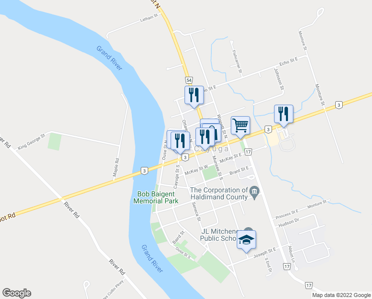 map of restaurants, bars, coffee shops, grocery stores, and more near 18 King Street in Cayuga