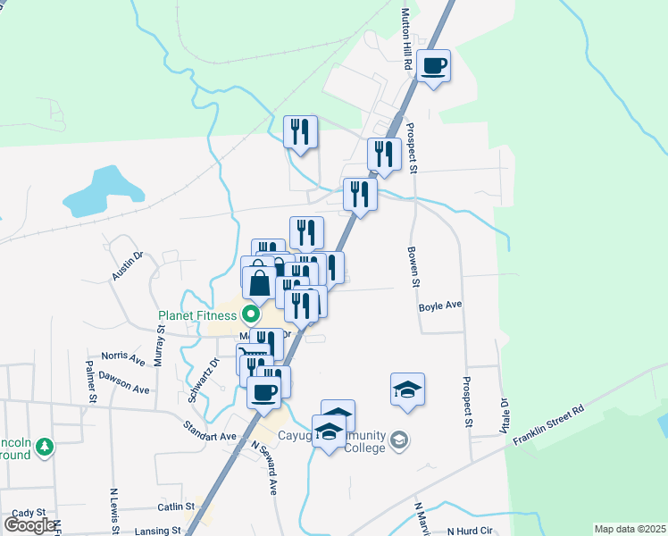 map of restaurants, bars, coffee shops, grocery stores, and more near 236 New York 5 in Auburn