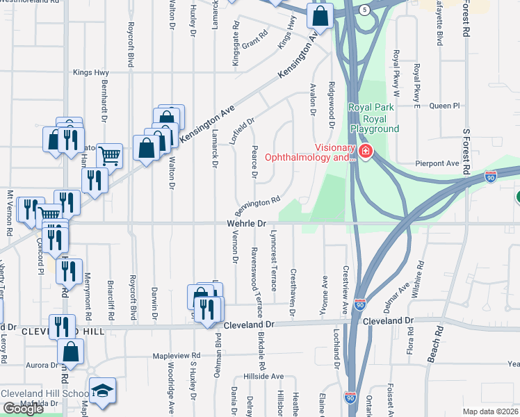map of restaurants, bars, coffee shops, grocery stores, and more near 117 Pearce Drive in Buffalo