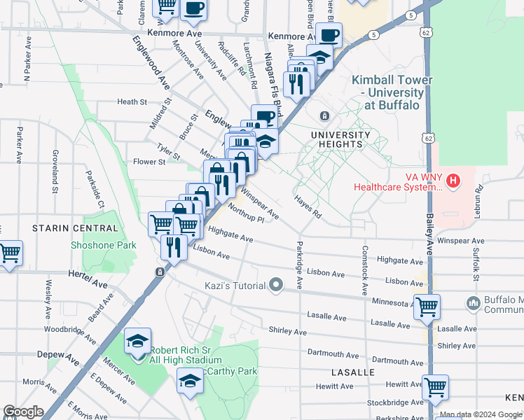 map of restaurants, bars, coffee shops, grocery stores, and more near 46 Winspear Avenue in Buffalo