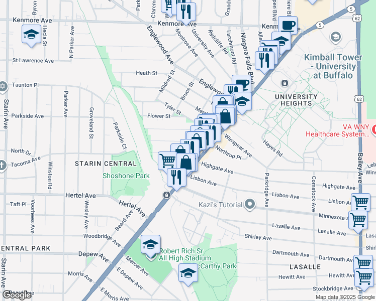 map of restaurants, bars, coffee shops, grocery stores, and more near 37 West Northrup Place in Buffalo