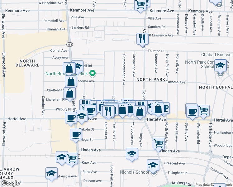 map of restaurants, bars, coffee shops, grocery stores, and more near in Buffalo