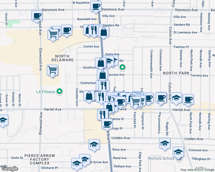 map of restaurants, bars, coffee shops, grocery stores, and more near 2455 Delaware Avenue in Buffalo