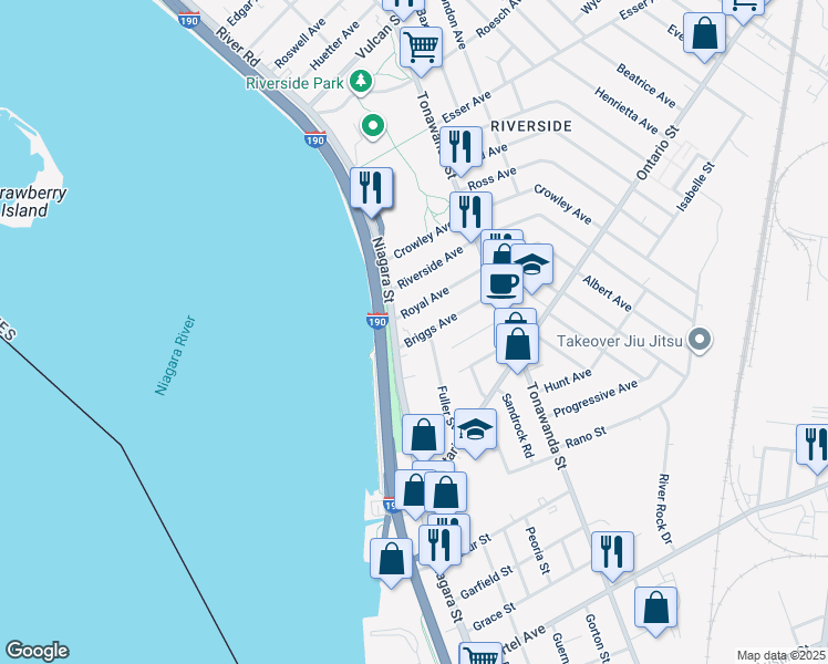 map of restaurants, bars, coffee shops, grocery stores, and more near 37 Royal Avenue in Buffalo