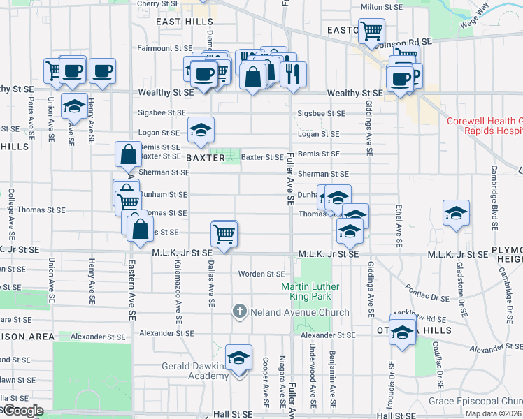 map of restaurants, bars, coffee shops, grocery stores, and more near 1125 Dunham Street Southeast in Grand Rapids