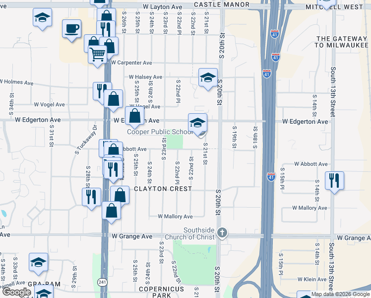 map of restaurants, bars, coffee shops, grocery stores, and more near 5143 South 21st Street in Milwaukee
