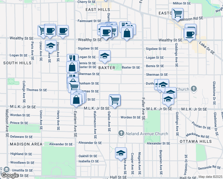 map of restaurants, bars, coffee shops, grocery stores, and more near 1005 Thomas Street Southeast in Grand Rapids