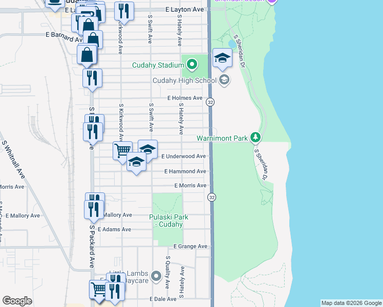 map of restaurants, bars, coffee shops, grocery stores, and more near 3924 East Underwood Avenue in Cudahy