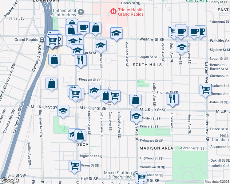 map of restaurants, bars, coffee shops, grocery stores, and more near 247 Sycamore Street Southeast in Grand Rapids