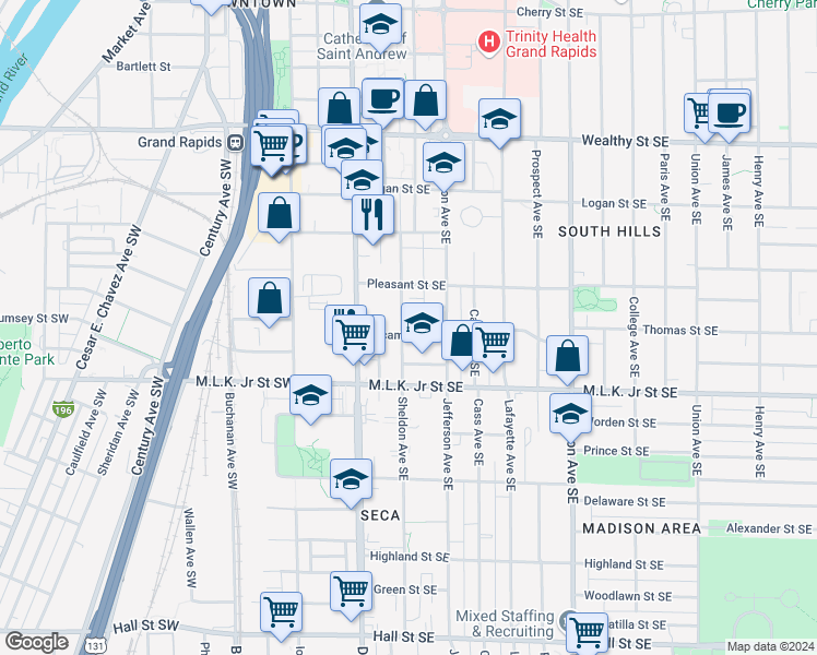 map of restaurants, bars, coffee shops, grocery stores, and more near 644 Sheldon Avenue Southeast in Grand Rapids