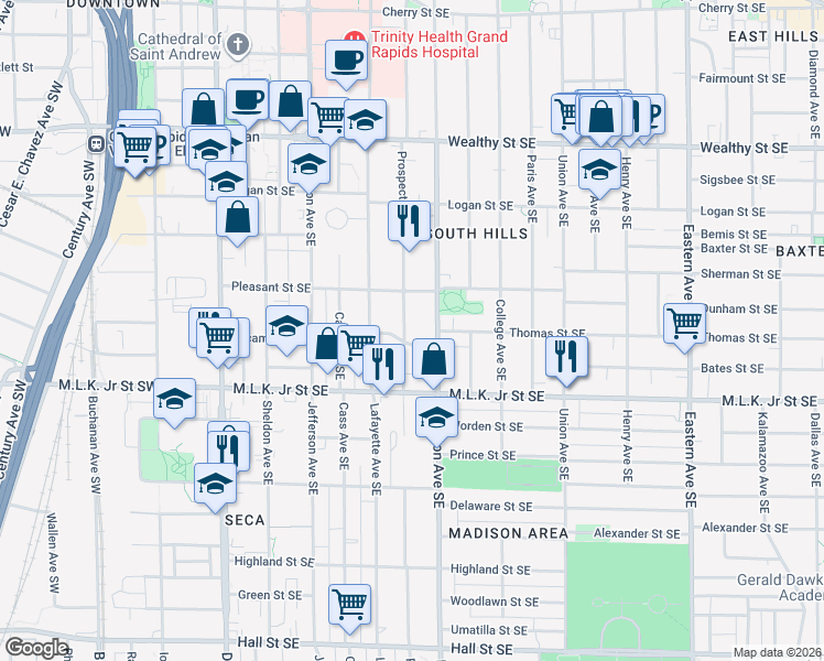 map of restaurants, bars, coffee shops, grocery stores, and more near 640 Prospect Avenue Southeast in Grand Rapids