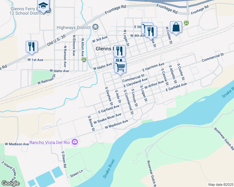map of restaurants, bars, coffee shops, grocery stores, and more near 320 South Ada Street in Glenns Ferry
