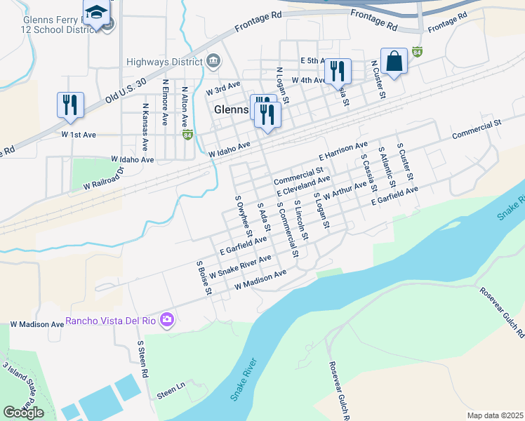 map of restaurants, bars, coffee shops, grocery stores, and more near 320 South Ada Street in Glenns Ferry