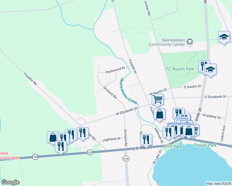 map of restaurants, bars, coffee shops, grocery stores, and more near 114 Orchard Road in Skaneateles