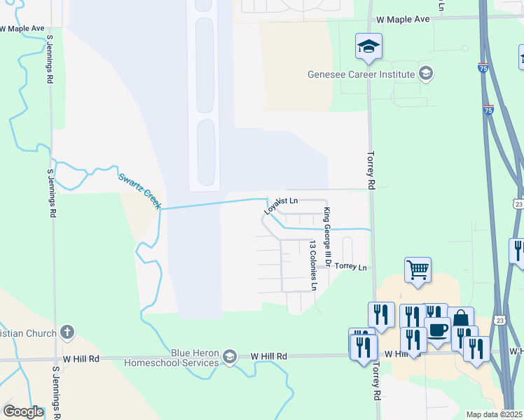 map of restaurants, bars, coffee shops, grocery stores, and more near 249 Loyalist Lane in Flint